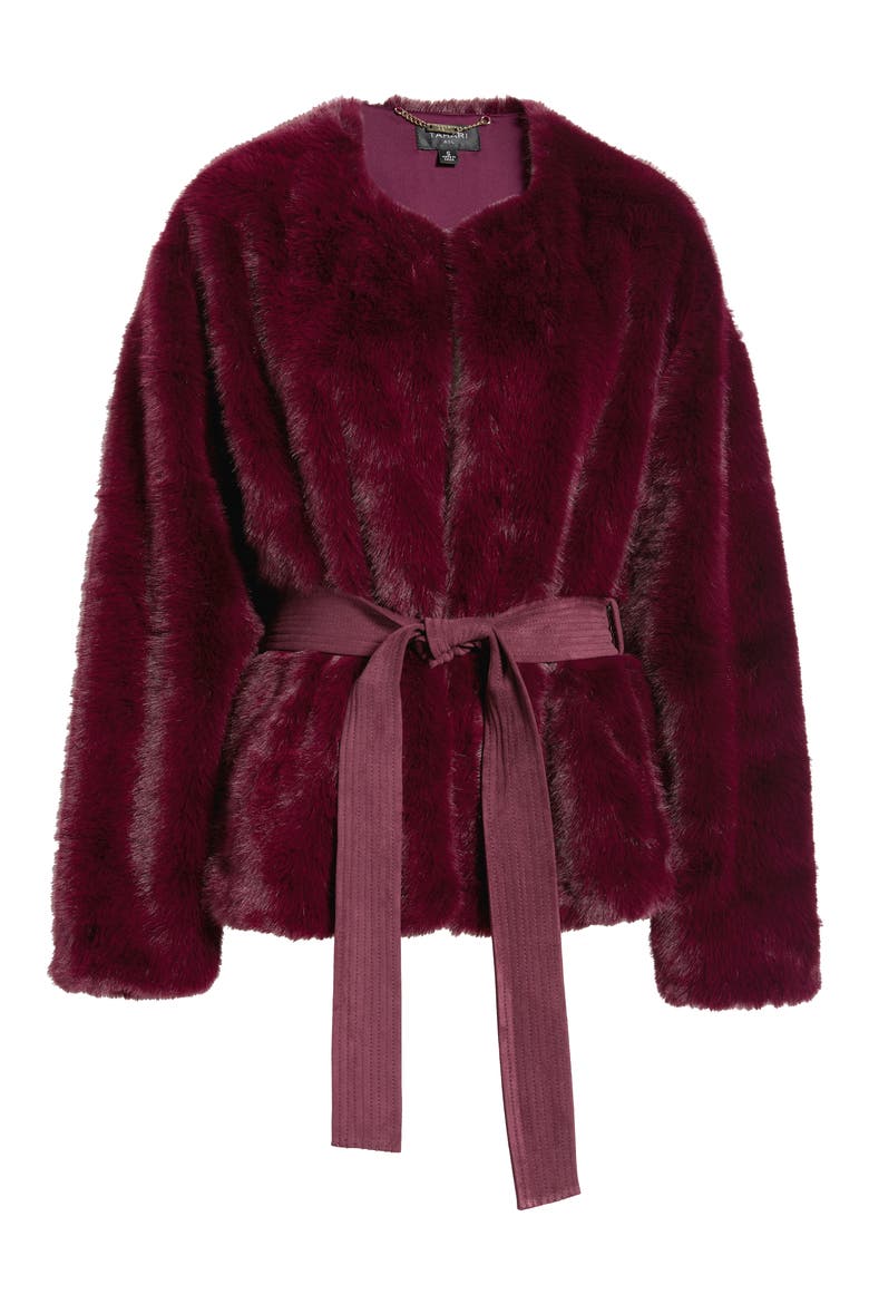 Tie Waist Faux Fur Jacket, Main, color, CRANBERRY