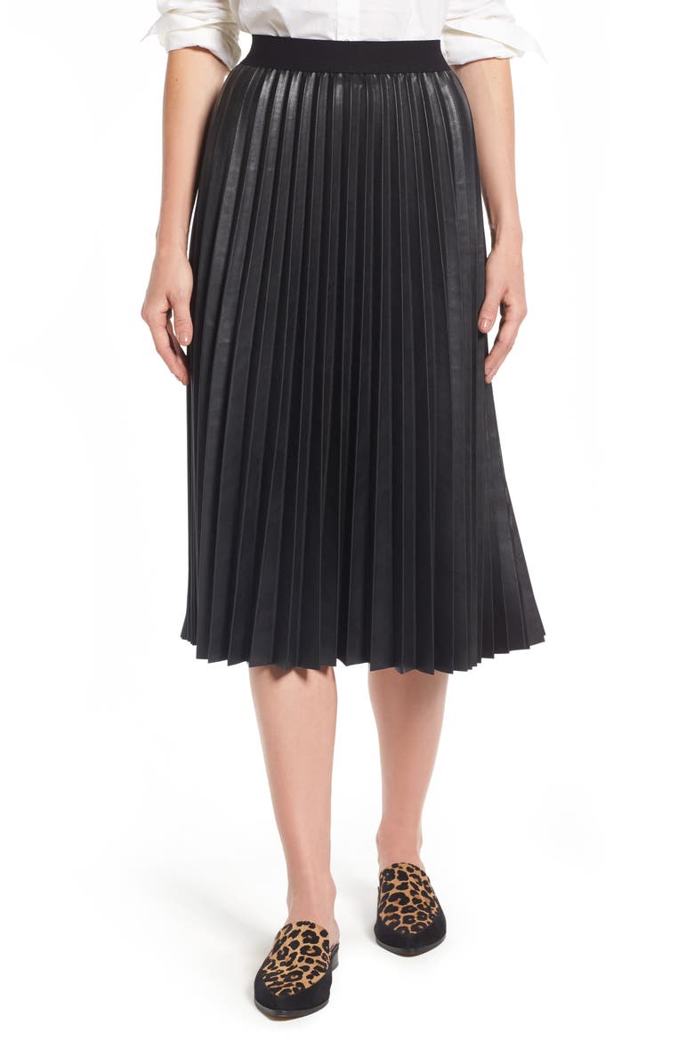 Pleat Faux Leather Skirt, Main, color, BLACK