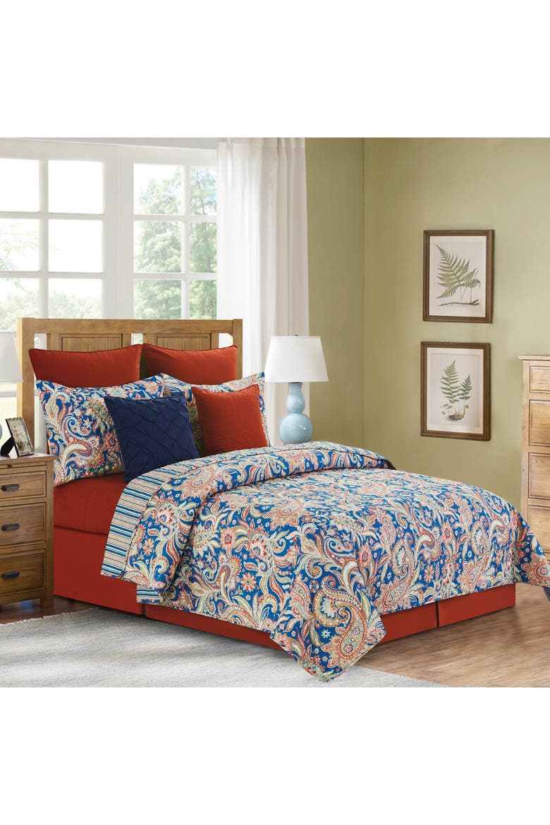Marla Damask Cotton Quilt Set - Reversible and Machine Washable, Main, color, Blue