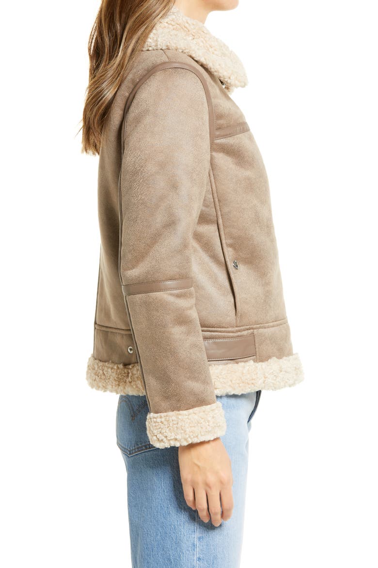 Short Faux Shearling Trim Aviator Jacket, Alternate, color, LT. KHAKI