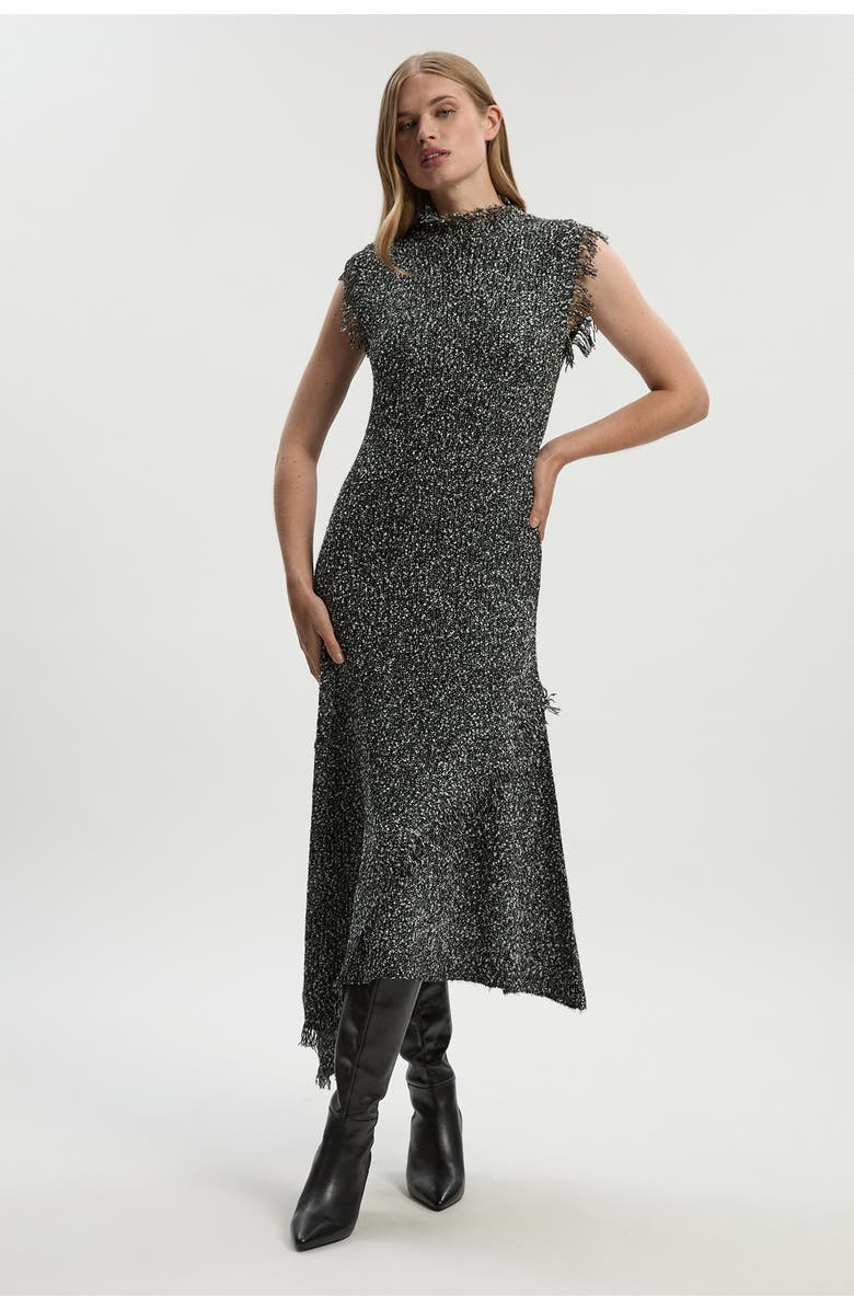 Karen Millen Tweed Yarn Fringe Trim Knitted Dress, Main, color, Black