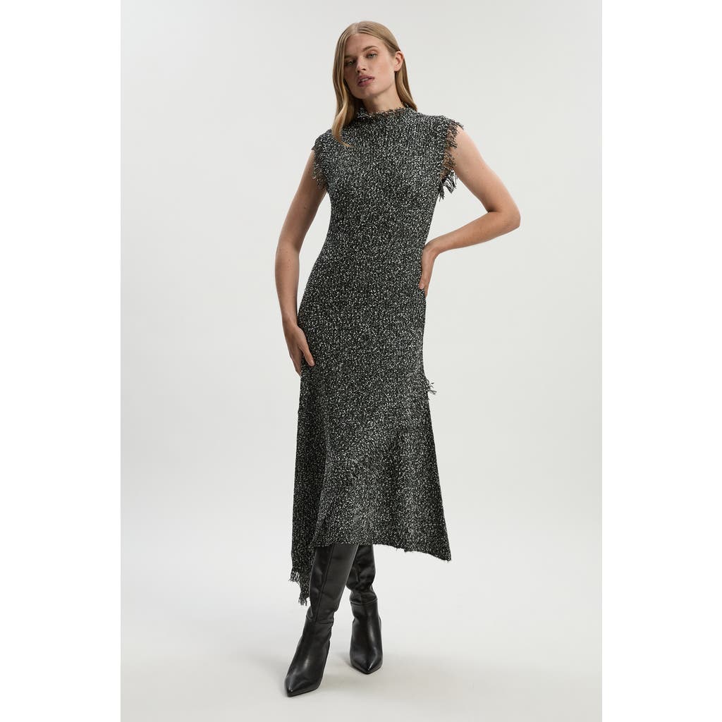 Karen Millen Tweed Yarn Fringe Trim Knitted Dress In Black