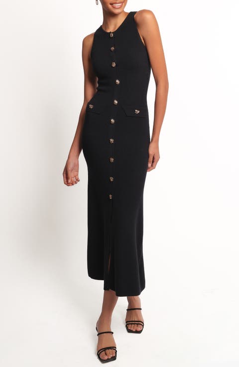 Sleeveless Rib Button-Up Sweater Midi Dress