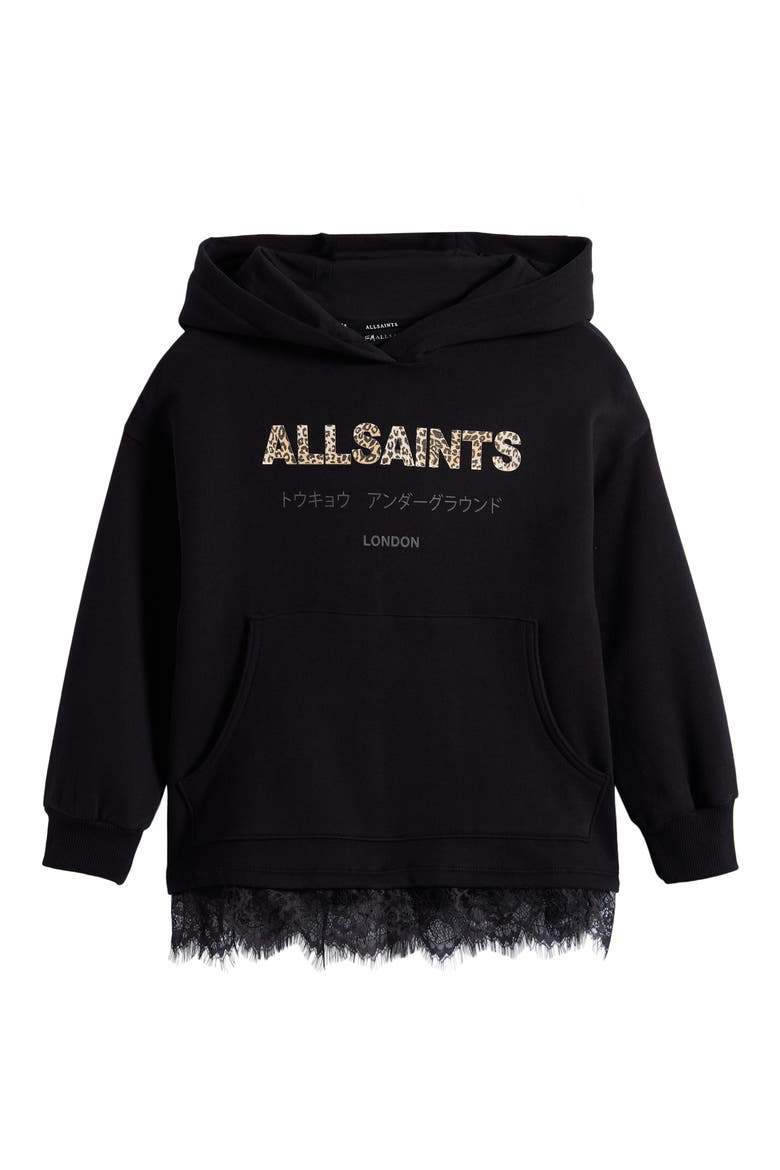 Kids' Lace Trim Split Back Cotton Blend Hoodie, Main, color, BLACK