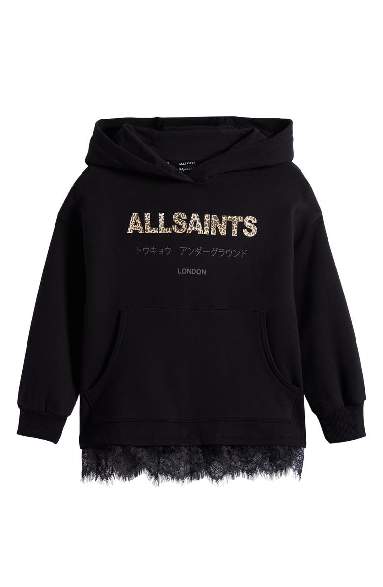 smALLSAINTS by ALLSAINTS Kids' Lace Trim Split Back Cotton Blend Hoodie, Main, color, Black