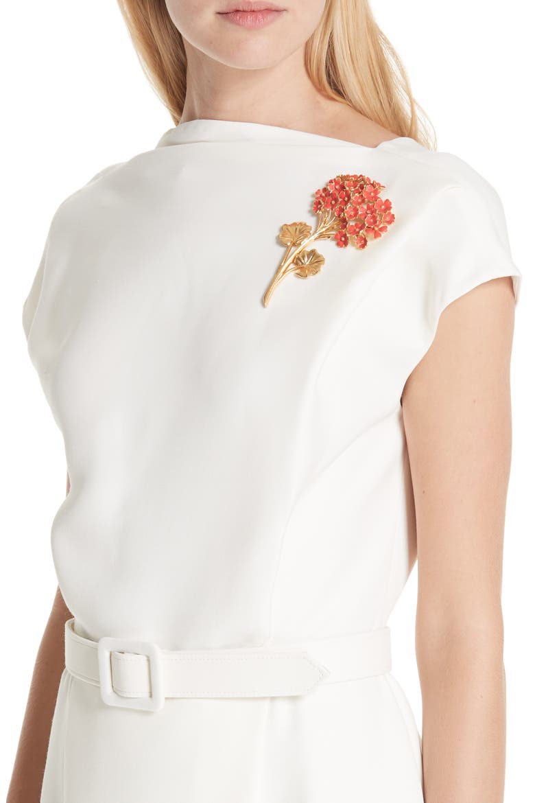 Flower Brooch Belted Wool & Silk Midi Dress, Alternate, color, IVB-IVORY