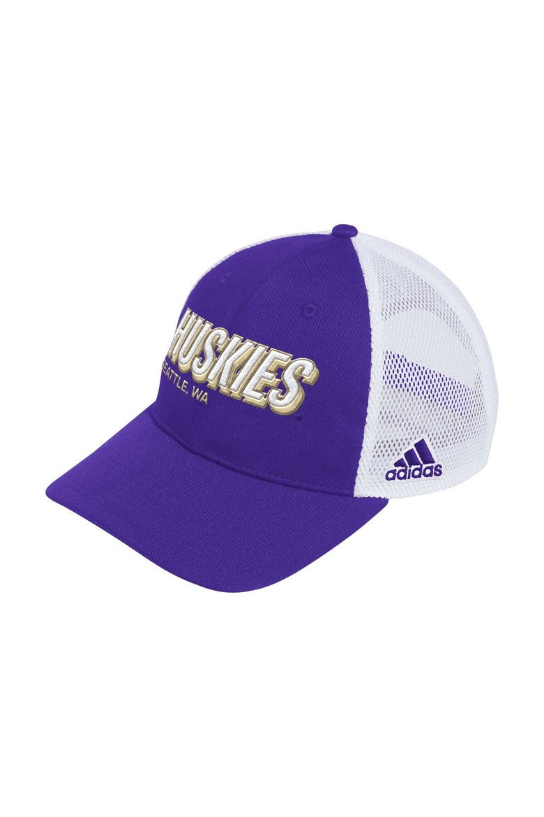 Men's adidas Purple Washington Huskies Mascot Block Letter Slouch Trucker Adjustable Hat, Main, color, Purple