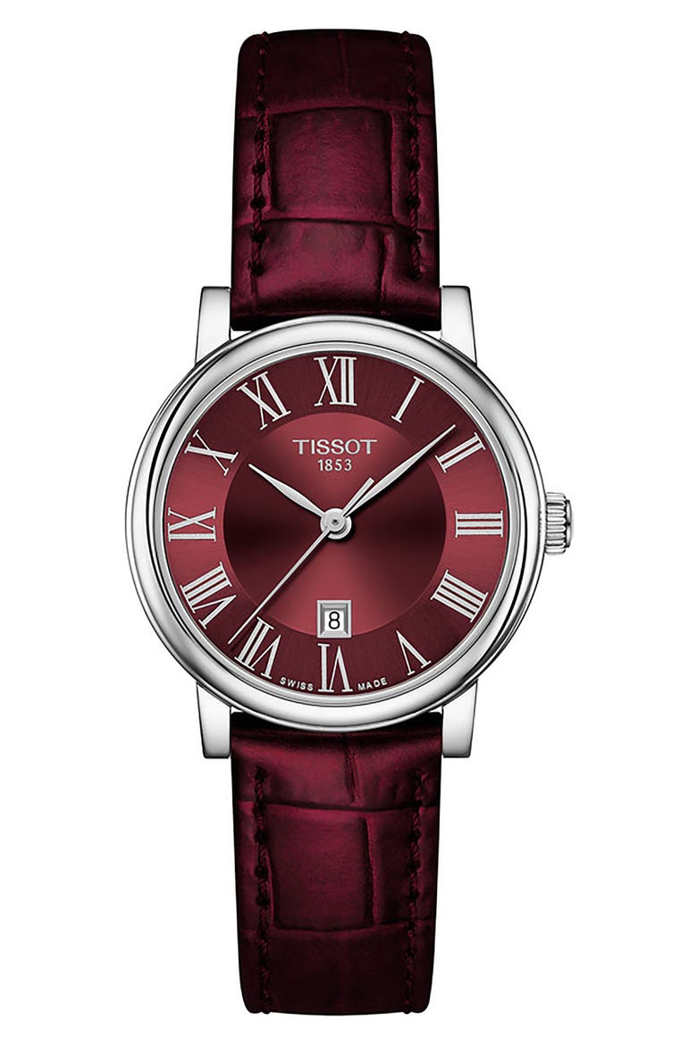 Carson Premium Leather Strap Watch, 30mm, Main, color, BORDEAU