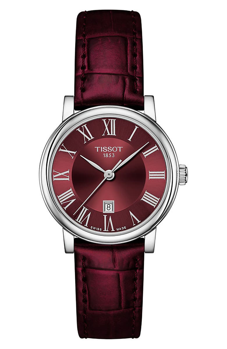 Tissot Carson Premium Leather Strap Watch, 30mm, Main, color, Bordeau