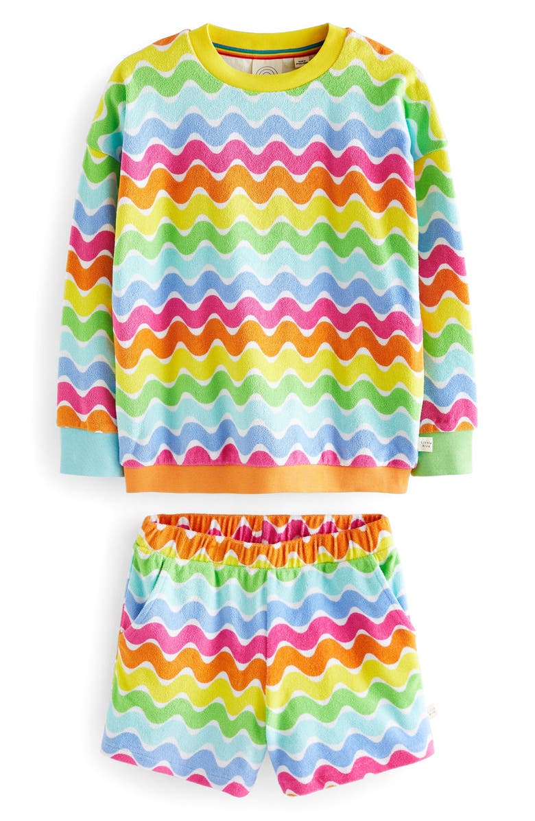 Little Bird Kids' Rainbow Stripe Cotton Terry Cloth Sweathirt & Sweat Shorts Set, Main, color, 