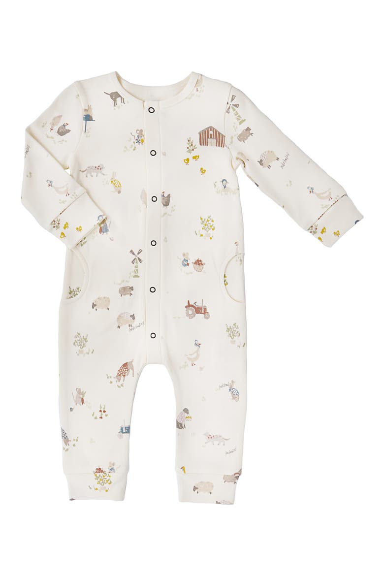 Print Long Sleeve Organic Cotton Placket Romper, Main, color, BEIGE