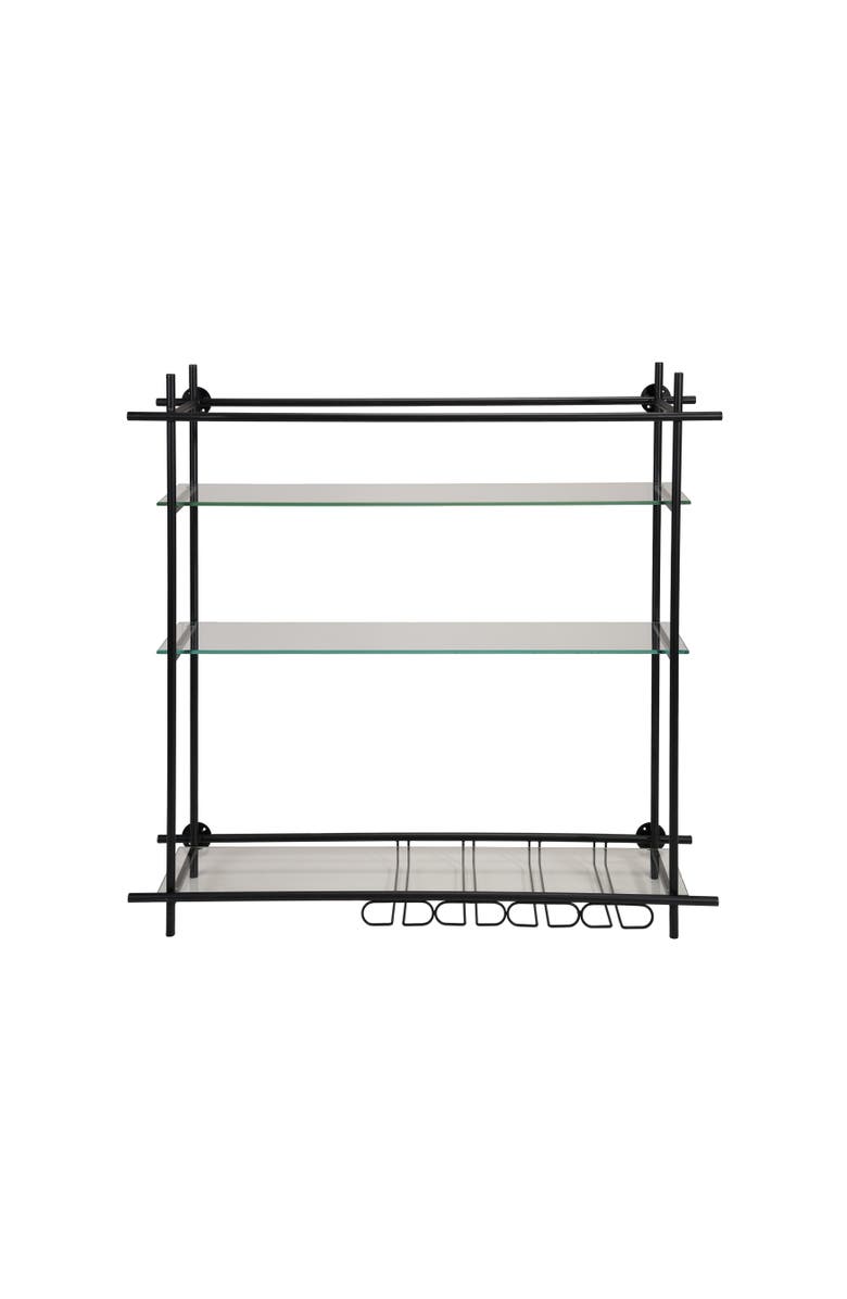 Storied Home Metal and Glass Wall Shelf with Shelves and Stemmed Glass Holders, Black, Main, color, Black