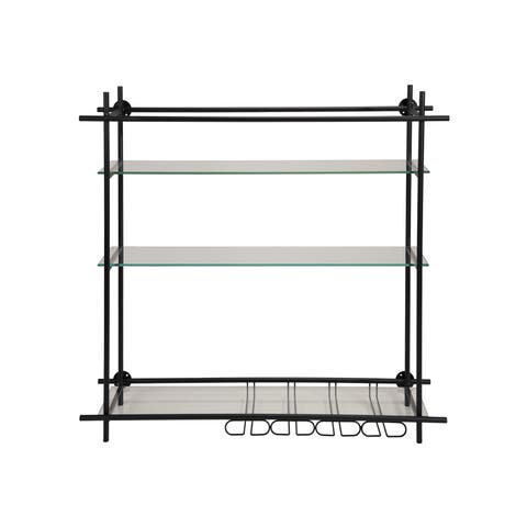 Metal and Glass Wall Shelf with Shelves and Stemmed Glass Holders, Black