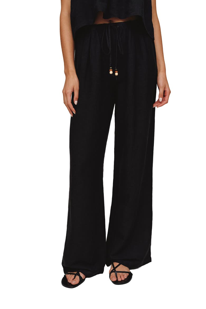 Beaded Drawstring Linen Blend Beach Pants, Main, color, BLACK