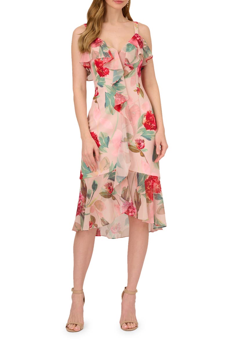 Adrianna Papell Floral Print Ruffle Chiffon Midi Dress, Main, color, 