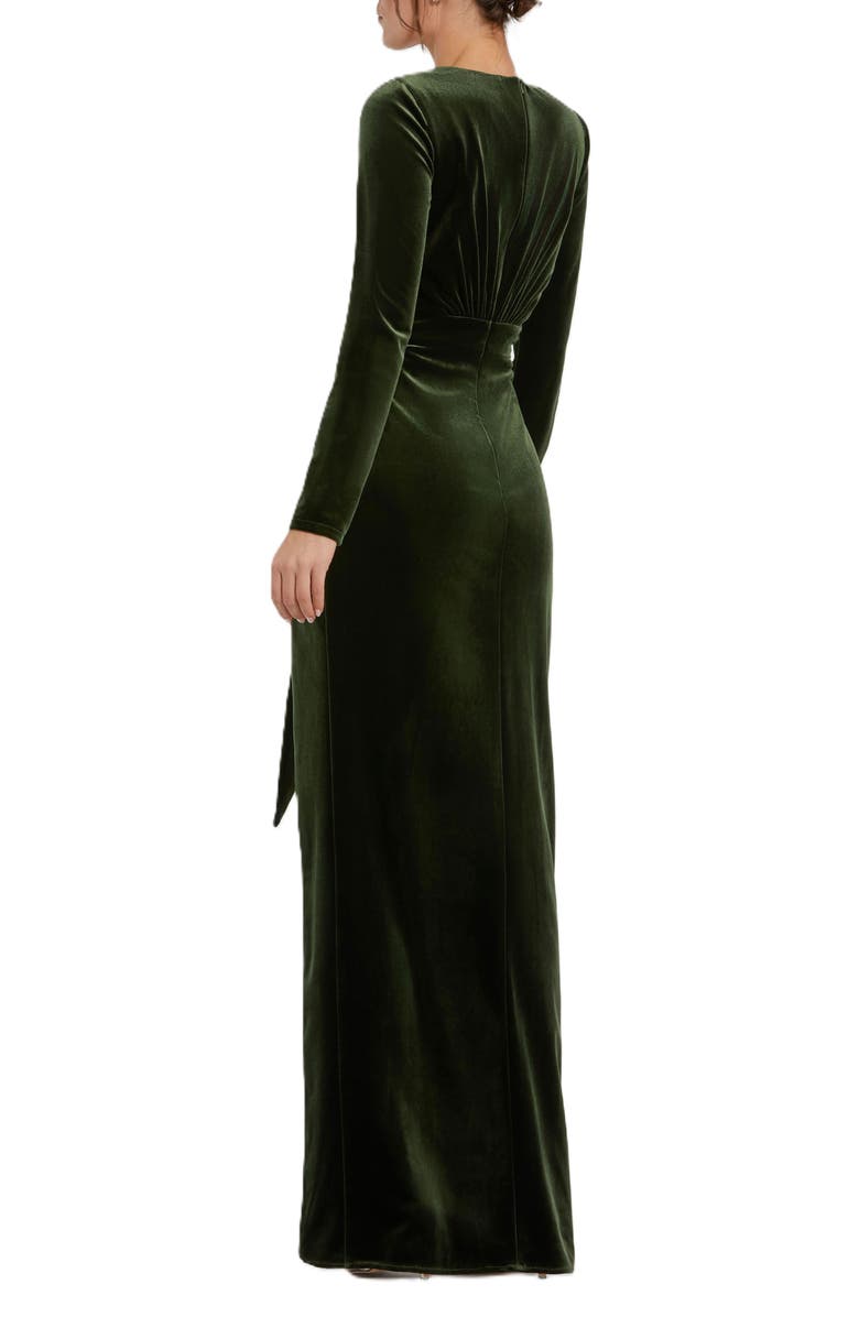 Mac Duggal Long Sleeve Deep V Neck Draped Velvet Gown, Alternate, color, Olive