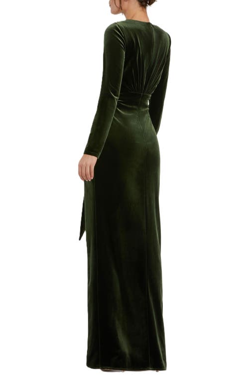 Mac Duggal Princess Sleeve Cut Out Metallic Gown In Olive