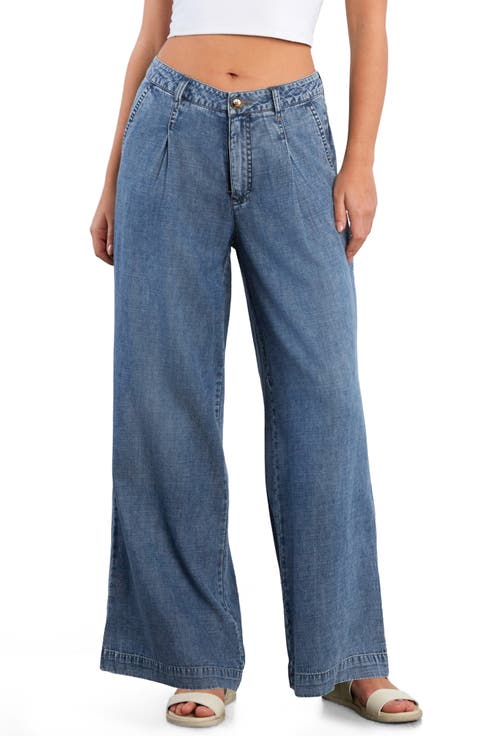 Chill Pleated Mid Rise Wide Leg Jeans (Organic Blue)