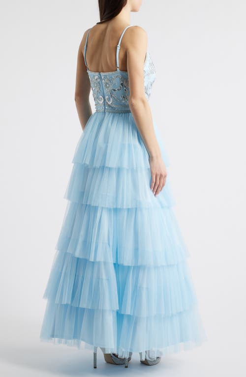 Jump Apparel Beaded Bodice Ruffle Tulle Gown In Light Blue