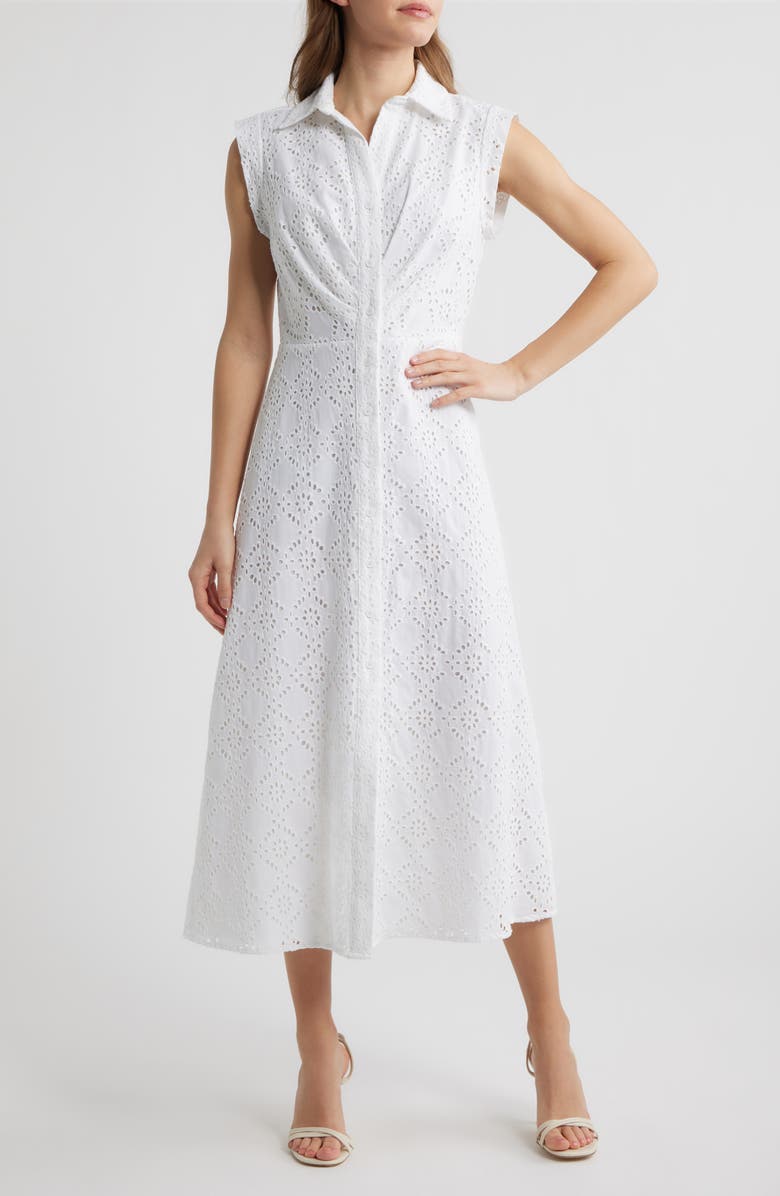 Anne Klein Eyelet Embroidery Sleeveless Shirtdress, Main, color, Crisp White