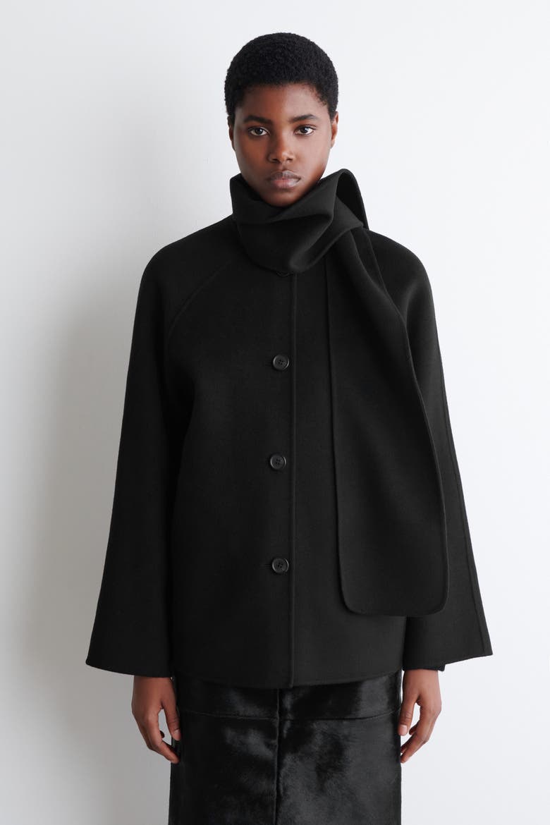 Double-Faced Wool Scarf Short Jacket, Alternate, color, BLACK