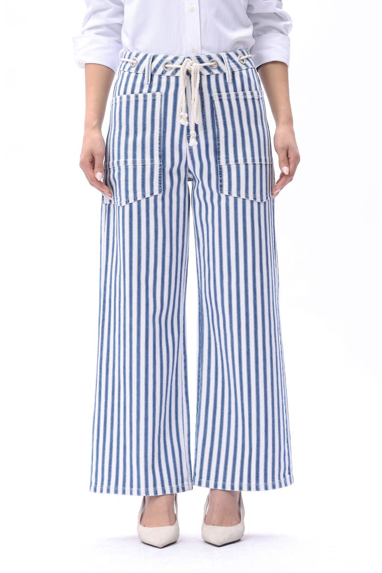 Tamsin Drawstring High Waist Wide Leg Jeans, Main, color, WHITE AND BLUE