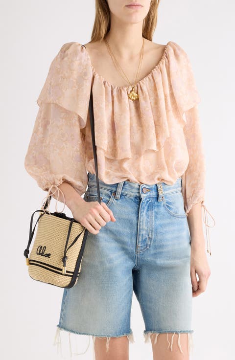 Painted Flower Silk Charmeuse Top