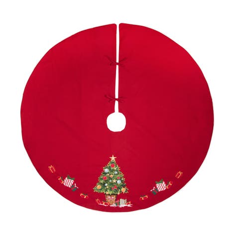 Holiday Presents 100% Cotton Red Christmas Tree Skirt 54"
