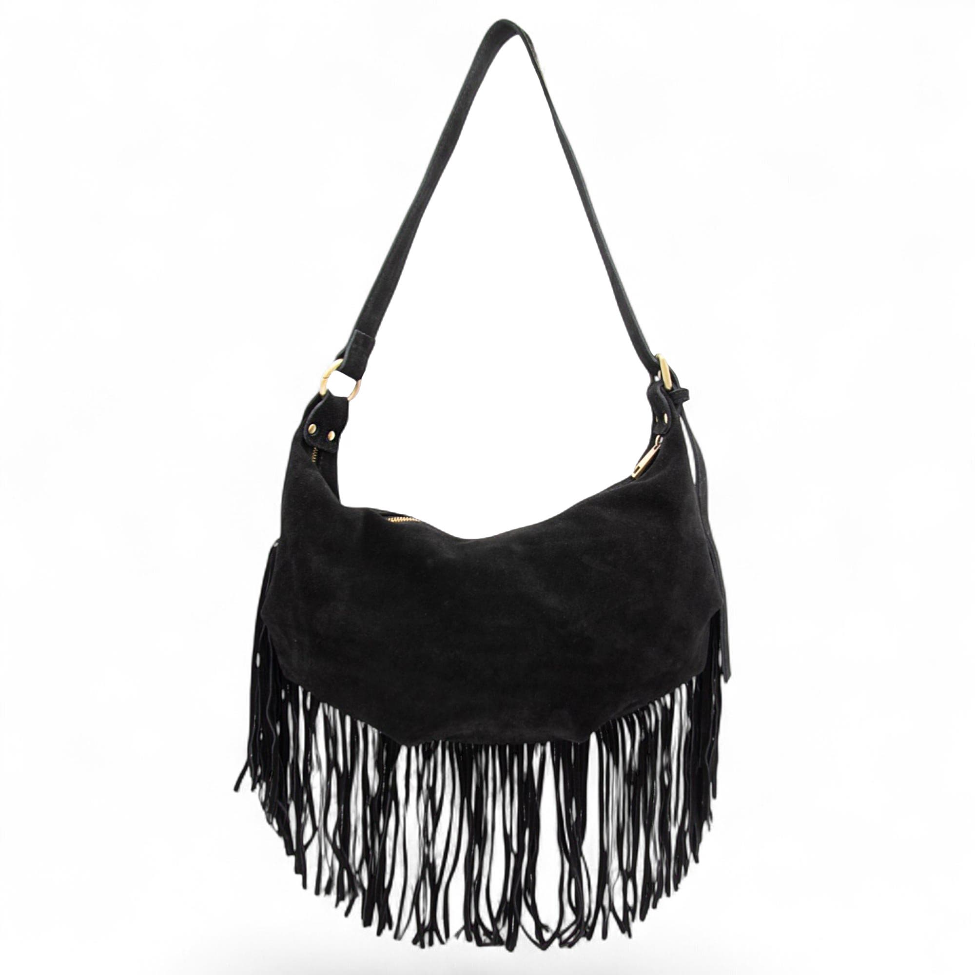 Bolsa Nova Dallas Suede Fringe Hobo, Main, color, Black