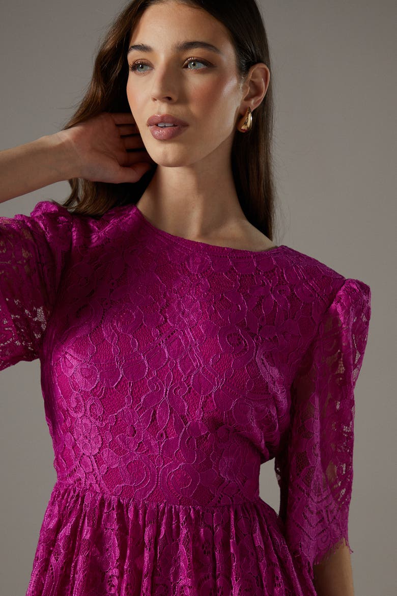 Lace Short Sleeve Midi Dress, Alternate, color, Magenta