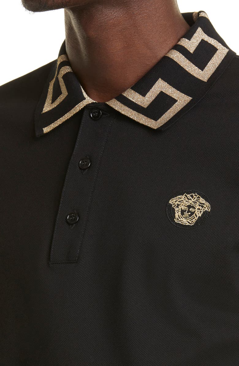 Versace Metallic Greca Collar Piqué Polo, Alternate, color,