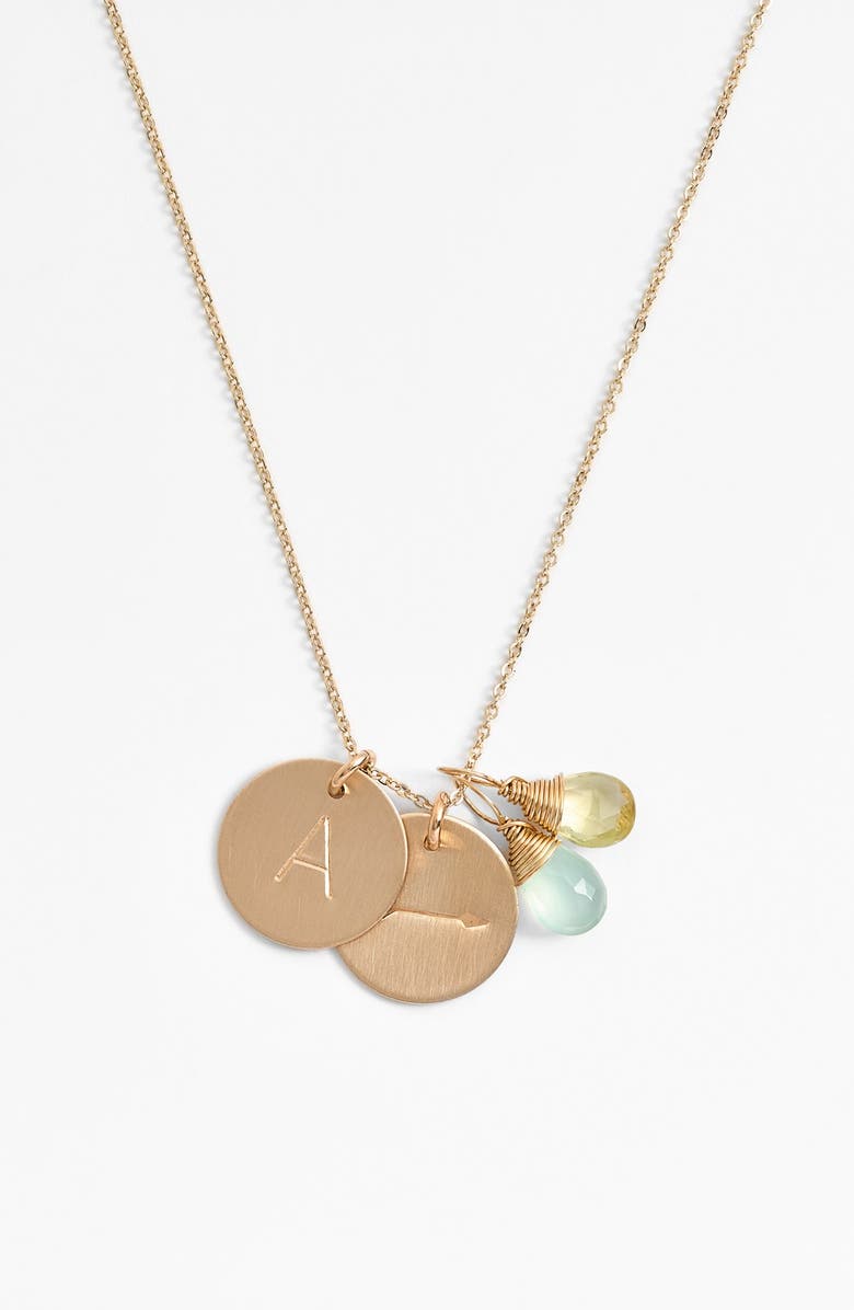 Nashelle Aqua Chalcedony, Lemon Quartz, Initial & Arrow 14k-Gold Fill Disc Necklace, Main, color, 