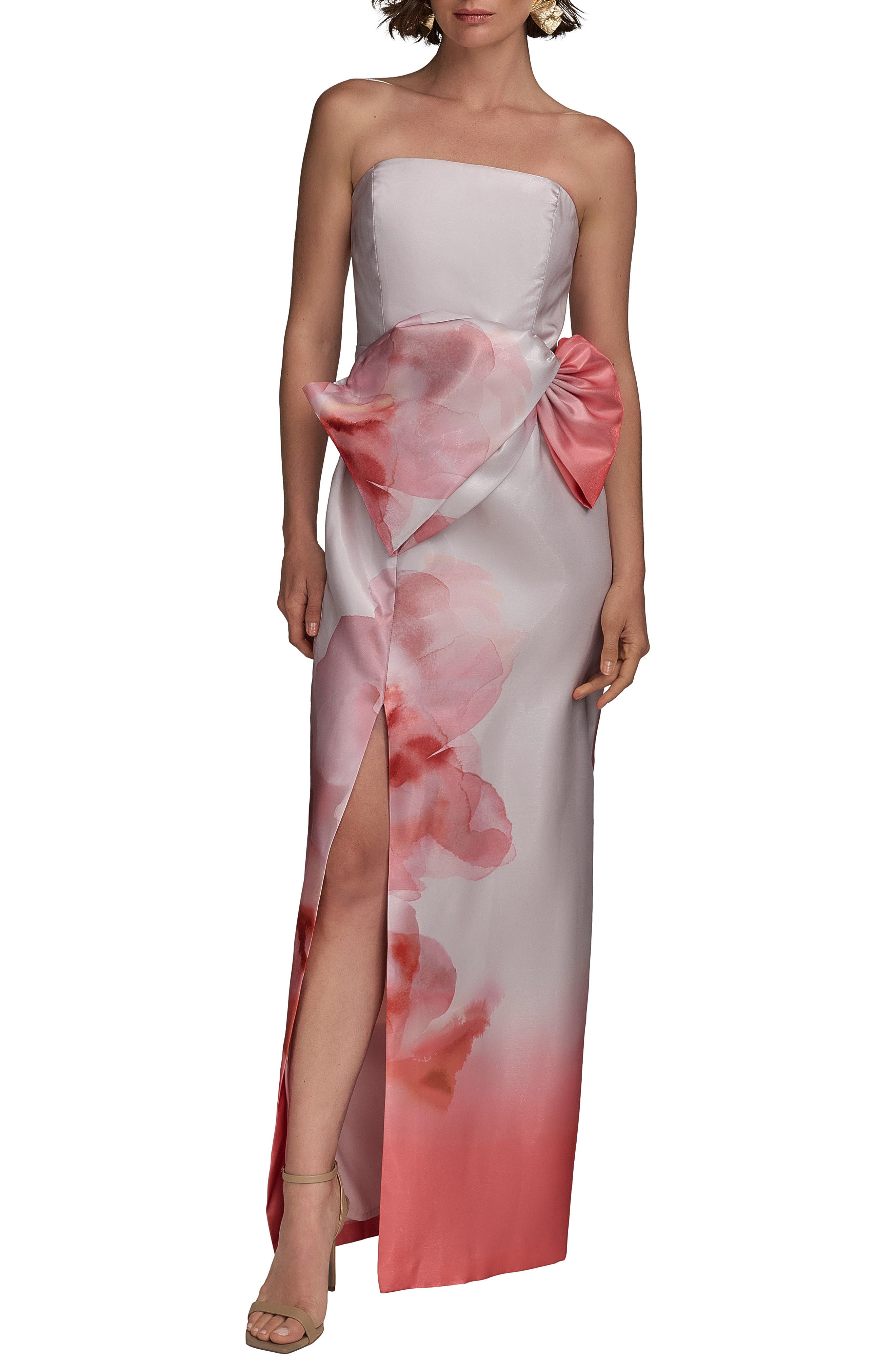 Placed Floral Strapless Column Gown