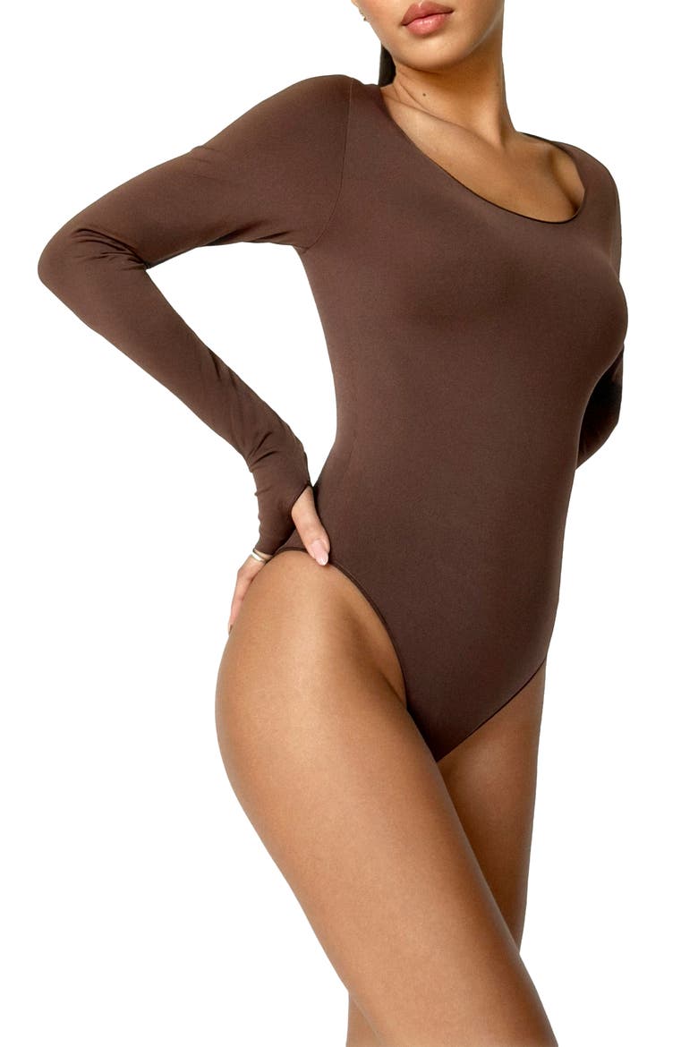 Scoop Neck Long Sleeve Bodysuit, Alternate, color, Espresso