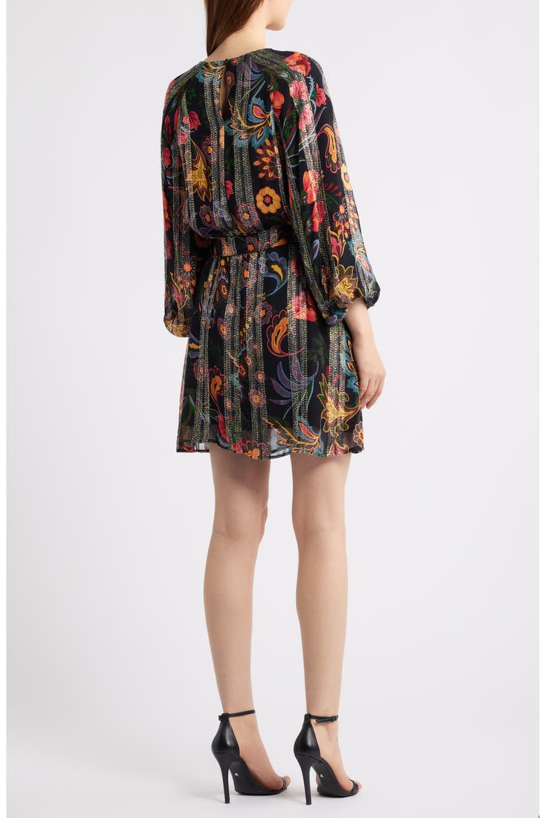 Odette Floral Metallic Long Sleeve Belted Dress, Alternate, color, BLACK