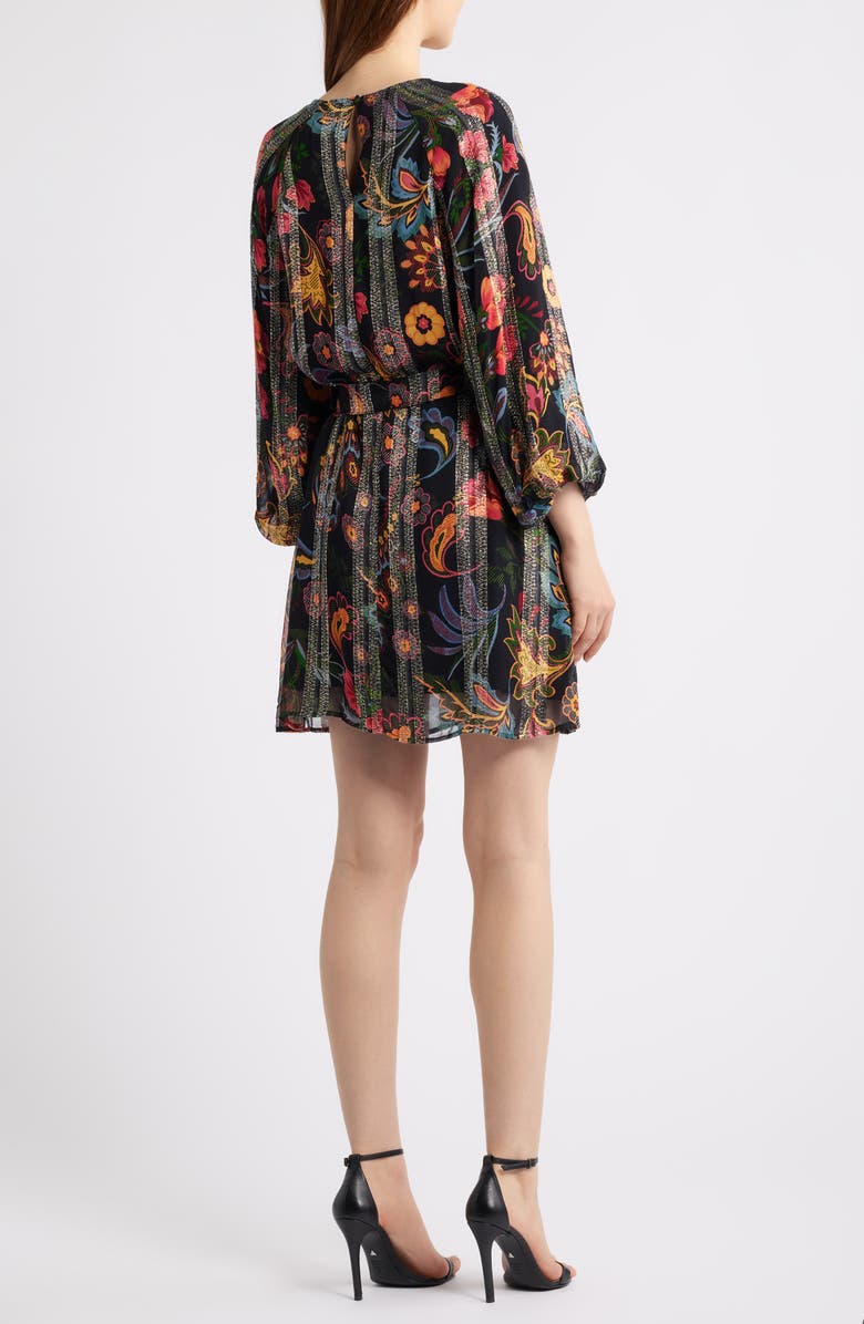 CIEBON Odette Floral Metallic Long Sleeve Belted Dress, Alternate, color, Black