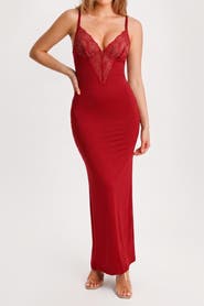 Popilush All-in-One Built-In Shapewear Lace Split Maxi Slip Dress