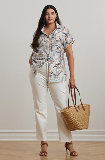 Beach Print Relaxed Fit Short Sleeve Linen Button-Up Shirt