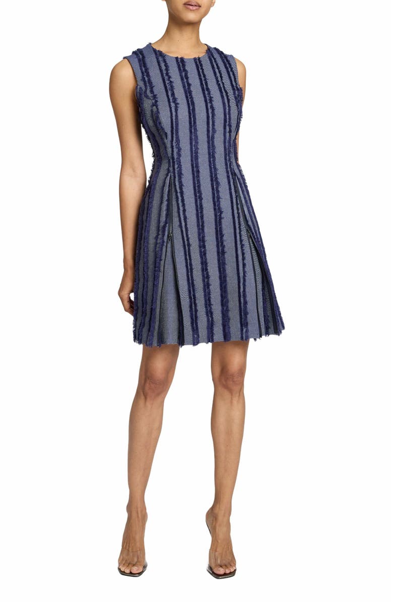 Santorelli IDA Sleeveless Shift Dress with Skirt Zipper Detail in Stripe Fringed Denim, Alternate, color, Marine Blue