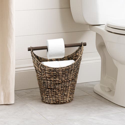 Happimess Talia Classic Coastal Hand-woven Water Hyacinth Toilet Paper Basket With Wood Bar In Brown