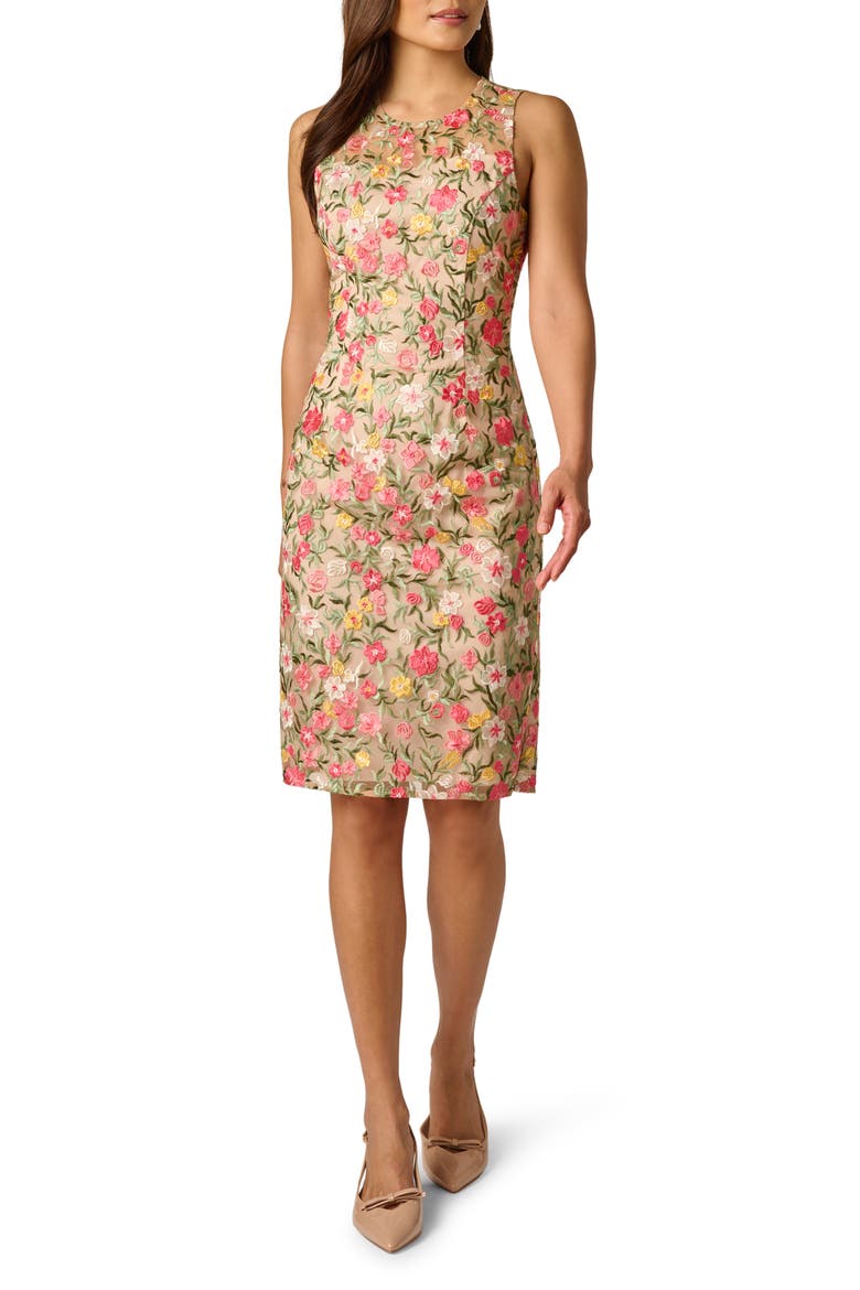 Floral Embroidered Illusion Sheath Dress, Main, color, CORAL MULTI