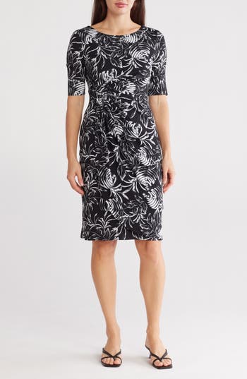 Connected Apparel Elbow Sleeve Faux Wrap Dress In Black