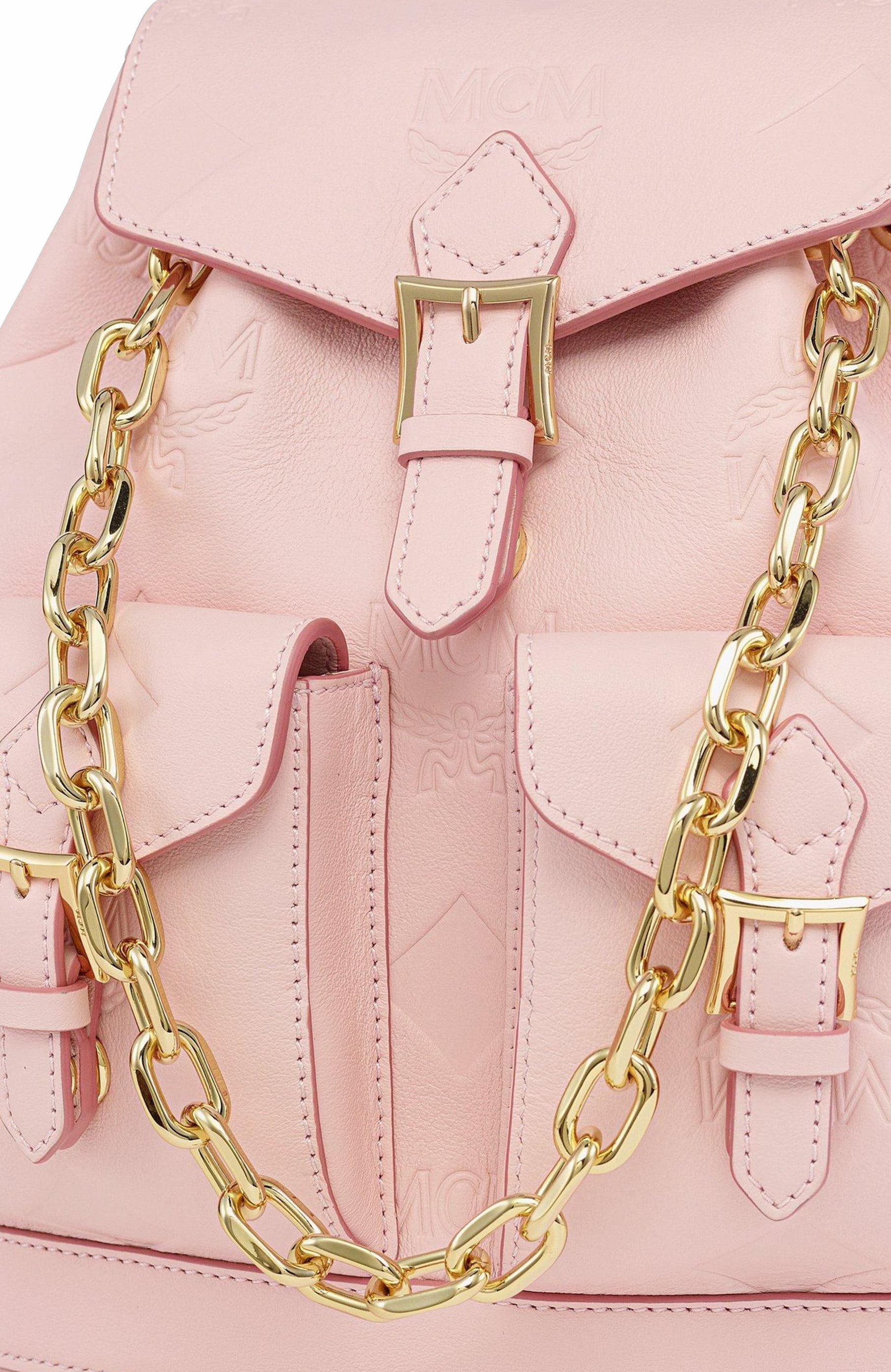 MCM Aren Drawstring Backpack in Maxi Monogram Leather, Alternate, color, Lotus Pink