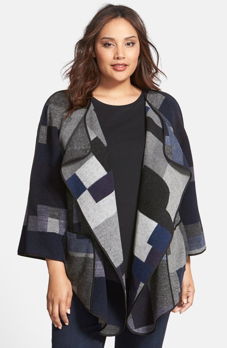 Tahari Patchwork Print Wool Blend Bell Sleeve Cape, Main, color,