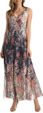 Komarov Floral Border Long Dress with Lace Up Back Detail