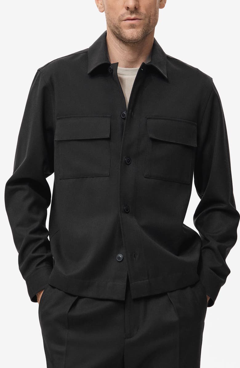 MANGO Flannel Pocket Overshirt, Main, color, Black