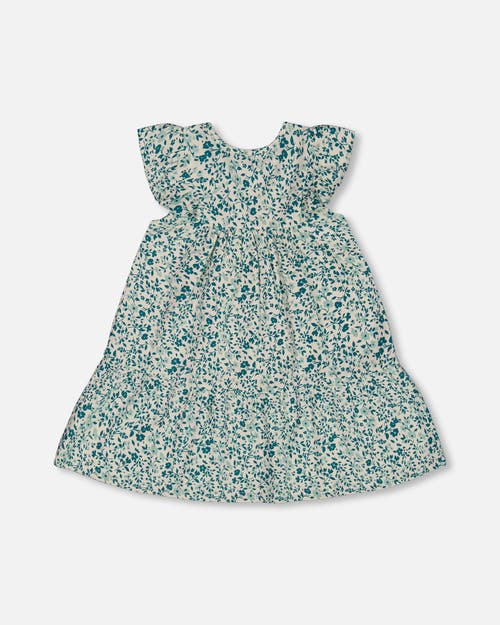 Deux Par Deux Girls' Printed Organic Cotton Dress - Big Kid In Small Turquoise Flowers