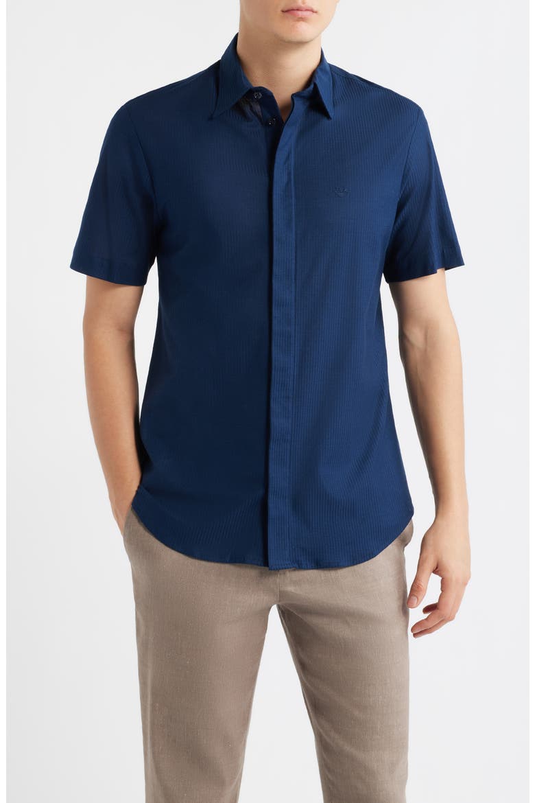 Textured Stripe Short Sleeve Knit Cotton Button-Up Shirt, Main, color, SOLID BLUE NAVY