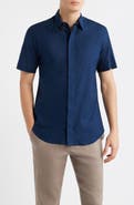 Emporio Armani Textured Stripe Short Sleeve Knit Cotton Button-Up Shirt