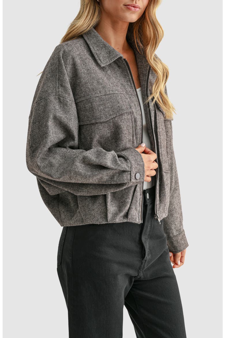 Herringbone Balloon Sleeve Bomber Jacket, Alternate, color, BROWN